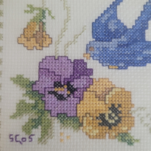Blue Bird and Pansy Cross-stitch framed matted and under glass ready to hang - Picture 4 of 8